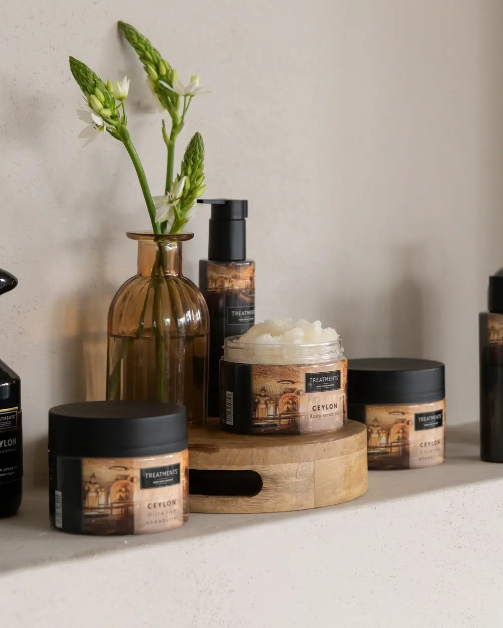 Treatments Ceylon cosmetics collection in a bathroom setting