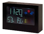 Alarm clock with weather forecast, black display with coloured elements,colour black