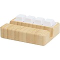 Algol recycled plastic phone stand and fidget toy with bamboo details, wood