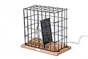 Aluminium and wooden phone holder cage, including USB ports and lock with 2 small keys.