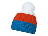 Cable knit winter hat, turquoise+orange+whte