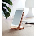 Double coil wireless charger for 1 device in bamboo casing and with stand functionality.