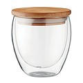 Double wall high borosilicate glass with bamboo lid with silicone ring. Capacity 250 ml.