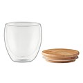 Double wall high borosilicate glass with bamboo lid with silicone ring. Capacity 250 ml.