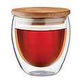 Double wall high borosilicate glass with bamboo lid with silicone ring. Capacity 250 ml.