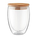 Double wall high borosilicate glass with bamboo lid with silicone ring. Capacity 350 ml.