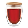 Double wall high borosilicate glass with bamboo lid with silicone ring. Capacity 350 ml.