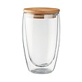Double wall high borosilicate glass with bamboo lid with silicone ring. Capacity 450 ml.