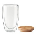 Double wall high borosilicate glass with bamboo lid with silicone ring. Capacity 450 ml.