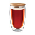 Double wall high borosilicate glass with bamboo lid with silicone ring. Capacity 450 ml.