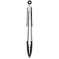Food tongs with a rubber gripped handle.Black/silver