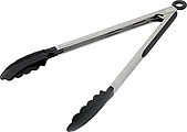Food tongs with a rubber gripped handle.Black/silver