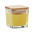 Fragranced plant based wax candle in squared glass holder with a bamboo lid