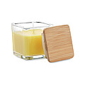 Fragranced plant based wax candle in squared glass holder with a bamboo lid