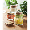 Fragranced plant based wax candle in squared glass holder with a bamboo lid
