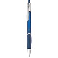 Frosted plastic ball pen with grooved rubber grip zone, blue
