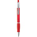 Frosted plastic ball pen with grooved rubber grip zone, red