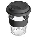 Glass mug with silicon sleeve and lid