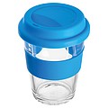 Glass mug with silicon sleeve and lid