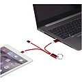 Metal 4-in-1 recycled aluminium charging cable with keychain, red