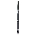 Metal, rubberized ballpen, with two silver-coloured rings and a silver tip and clip, blue ink.