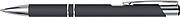 Metal, rubberized ballpen, with two silver-coloured rings and a silver tip and clip, blue ink.
