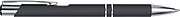 Metal, rubberized ballpen, with two silver-coloured rings and a silver tip and clip, blue ink.