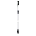 Metal, rubberized ballpen, with two silver-coloured rings and a silver tip and clip, blue ink.