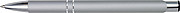 Metal, rubberized ballpen, with two silver-coloured rings and a silver tip and clip, blue ink.