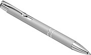 Metal, rubberized ballpen, with two silver-coloured rings and a silver tip and clip, blue ink.