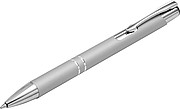 Metal, rubberized ballpen, with two silver-coloured rings and a silver tip and clip, blue ink.
