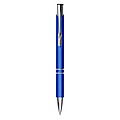 Metal, rubberized ballpen, with two silver-coloured rings and a silver tip and clip, blue ink.