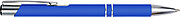 Metal, rubberized ballpen, with two silver-coloured rings and a silver tip and clip, blue ink.