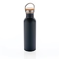 Modern stainless steel bottle with bamboo lid, blue