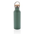 Modern stainless steel bottle with bamboo lid, green