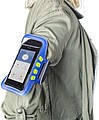Neoprene and PU mobile phone holder with three LED lights on either side of the cover.