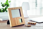 Photo frame in bamboo with weather station. Displays time, date and temperature.