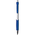 Plastic ball pen with a white shaft and rubber grip zone, blue