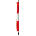 Plastic ball pen with a white shaft and rubber grip zone, red