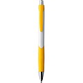 Plastic ball pen with a white shaft and rubber grip zone, yellow