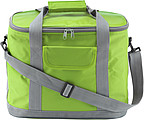 Polyester (420D) cooler bag with aluminium lining, a front pocket, and adjustable carry strap.