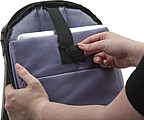 Polyester (600D) anti-theft backpack, with PVC backing.