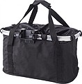 Polyester (600D) bicycle bag, attaches to the handlebar with metal ring and Velcro.