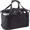 Polyester (600D) bicycle bag, attaches to the handlebar with metal ring and Velcro.