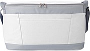 Polyester (600D) cooler bag with PEVA lining on the interior. Open front pocket.
