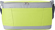 Polyester (600D) cooler bag with PEVA lining on the interior. Open front pocket.