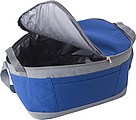 Polyester (600D) cooler bag with PEVA lining on the interior. Open front pocket.