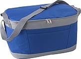 Polyester (600D) cooler bag with PEVA lining on the interior. Open front pocket.