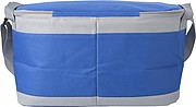 Polyester (600D) cooler bag with PEVA lining on the interior. Open front pocket.
