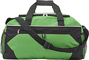 Polyester (600D) sports bag with front zipped pocket and a mesh pocket on both sides.
